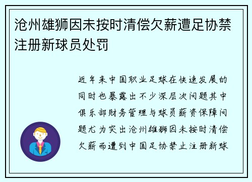 沧州雄狮因未按时清偿欠薪遭足协禁注册新球员处罚