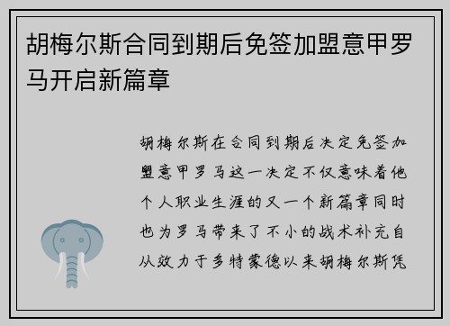 胡梅尔斯合同到期后免签加盟意甲罗马开启新篇章