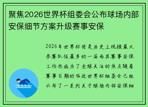 聚焦2026世界杯组委会公布球场内部安保细节方案升级赛事安保